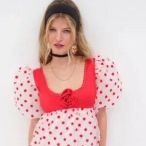 NWOT For Love & Lemons Rhoda Polka Dot Red/White Empire Waist Long Dress XS $450